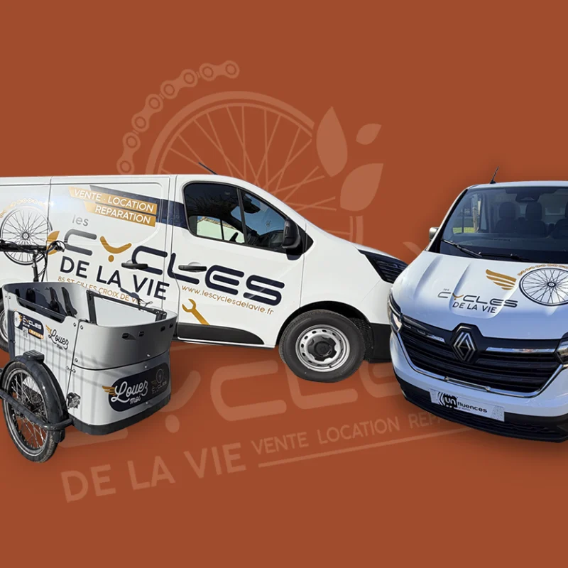 Covering de véhicule pour les Cycles de la Vie à Saint Gilles Croix de Vie : réalisation par l'agence de publicité Unfluences Graphique en Vendée