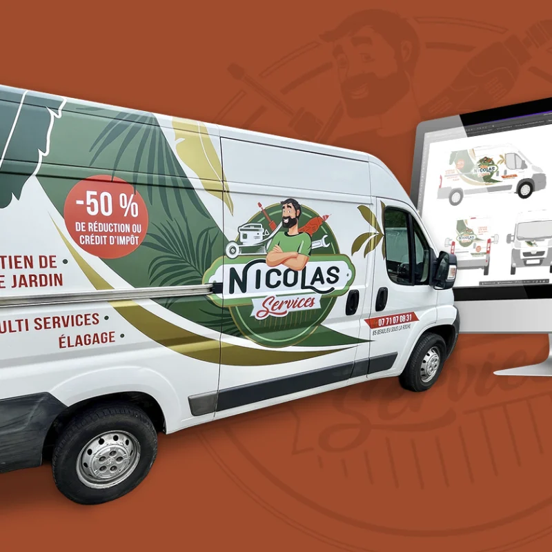 Covering de véhicule pour Nicolas Services à Beaulieu-sous-la-Roche : réalisation par l'agence de publicité Unfluences Graphique en Vendée