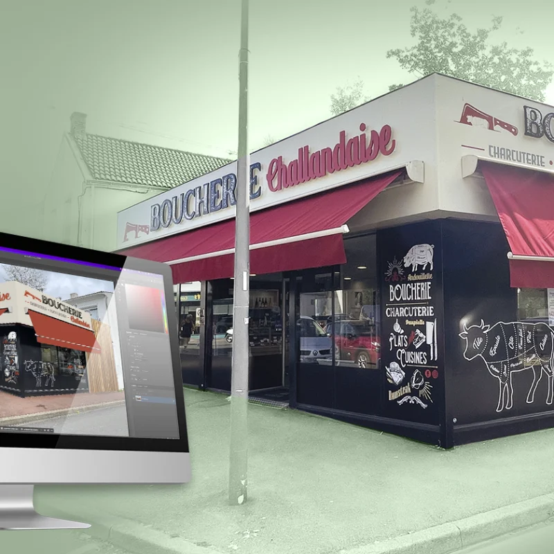 Enseigne pour la Boucherie Challandaise à Challans : réalisation par l'agence de publicité Unfluences Graphique en Vendée