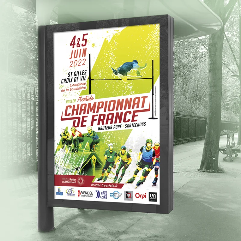Affiche pour le championnat de France de roller freeride à Saint Gilles Croix de Vie : réalisation par l'agence de publicité Unfluences Graphique en Vendée