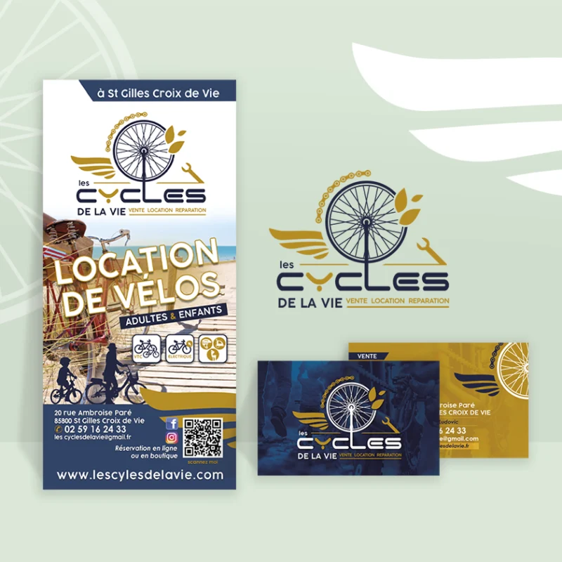 Flyer et cartes de visite pour Les Cycles de la Vie à St Gilles : réalisation par l'agence de publicité Unfluences Graphique en Vendée