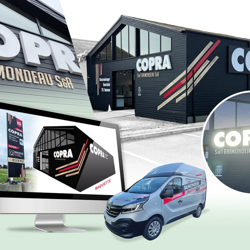 Enseigne, signalétique et covering de véhicule réalisés pour l'entreprise Copra
