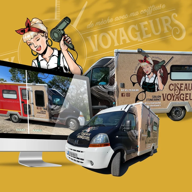 Covering de véhicule réalisé pour Les Ciseaux Voyageurs à la Garnache en Vendée